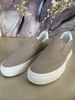 Men's Slip-On Canvas Loafers in Taupe with White Sole